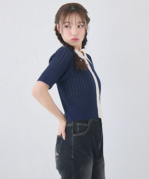 ems excite(エムズエキサイト)の「襟付きスカシ編みニット(ニット/セーター・レディース・ナチュラル/ブラック系その他3/ダークブルー・FREE)」の8枚目の写真