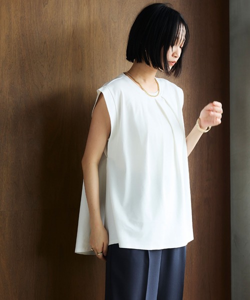 CROSS FUNCTION(クロスファンクション)の「《汗染み防止》エブ楽 天竺フロントタックノースリーブTシャツ【CROSS FUNCTION/クロスファンクション】(Tシャツ/カットソー・レディース・チャコールグレー/オフホワイト・L/LL/M)」の13枚目の写真