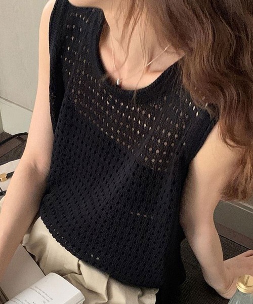 mielu(ミエル)の「透かし編みノースリーブニット(ニット/セーター・レディース・ベージュ/イエロー/ブラック・FREE)」の2枚目の写真