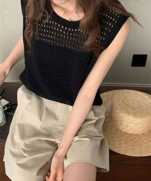mielu(ミエル)の「透かし編みノースリーブニット(ニット/セーター・レディース・ベージュ/イエロー/ブラック・FREE)」の4枚目の写真