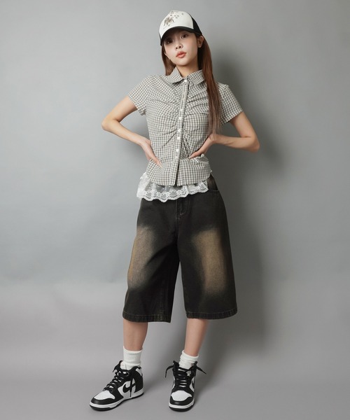 SPINNS(スピンズ)の「半袖ギャザーシャツ/タイト/チェック柄(シャツ/ブラウス・レディース・ベージュ/サックスブルー/アイボリー・ONESIZE)」の10枚目の写真