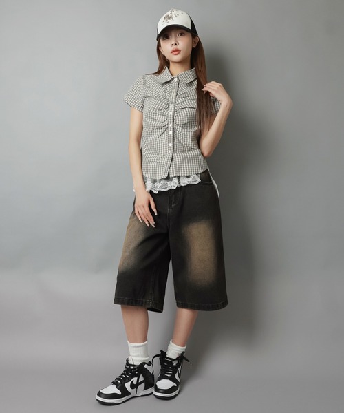 SPINNS(スピンズ)の「半袖ギャザーシャツ/タイト/チェック柄(シャツ/ブラウス・レディース・ベージュ/サックスブルー/アイボリー・ONESIZE)」の11枚目の写真