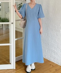 コットンリネン Vネック ロング丈 ワンピース