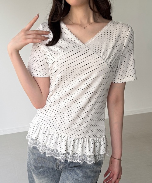 junoah（ジュノア）の「レースドッキングドットリブトップス（Tシャツ/カットソー・レディース・グレー/ホワイト/ブラック・SMALL/MEDIUM/LARGE）」の4枚目の写真