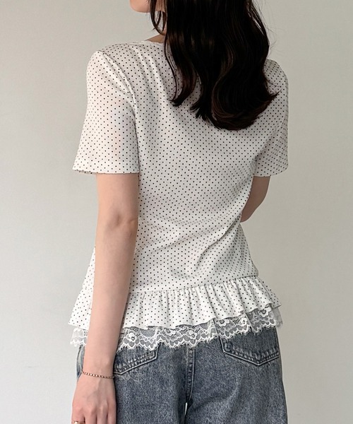junoah（ジュノア）の「レースドッキングドットリブトップス（Tシャツ/カットソー・レディース・グレー/ホワイト/ブラック・SMALL/MEDIUM/LARGE）」の6枚目の写真