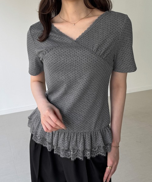 junoah（ジュノア）の「レースドッキングドットリブトップス（Tシャツ/カットソー・レディース・グレー/ホワイト/ブラック・SMALL/MEDIUM/LARGE）」の8枚目の写真