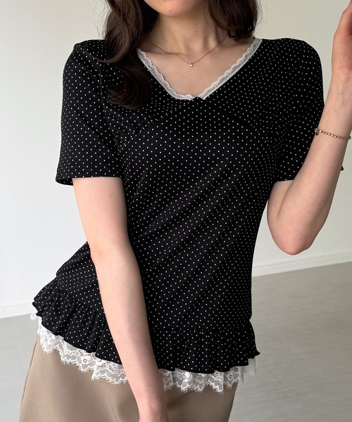 junoah（ジュノア）の「レースドッキングドットリブトップス（Tシャツ/カットソー・レディース・グレー/ホワイト/ブラック・SMALL/MEDIUM/LARGE）」の10枚目の写真