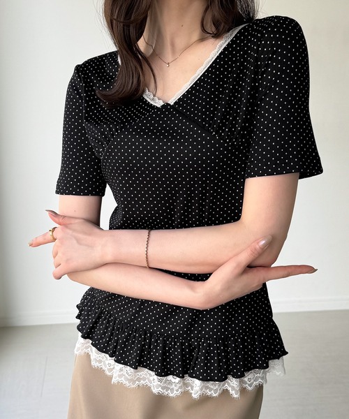 junoah（ジュノア）の「レースドッキングドットリブトップス（Tシャツ/カットソー・レディース・グレー/ホワイト/ブラック・SMALL/MEDIUM/LARGE）」の11枚目の写真