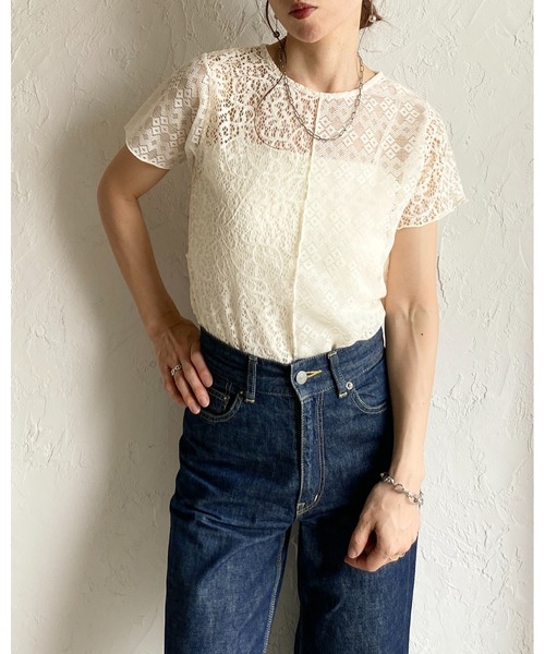 She's Closet（シーズクローゼット）の「半袖 クルーネック パッチワークレーストップス シアーtシャツ（Tシャツ/カットソー・レディース・アイボリー/ブラック・FREE）」の16枚目の写真