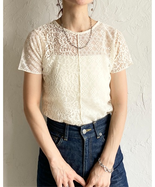 She's Closet（シーズクローゼット）の「半袖 クルーネック パッチワークレーストップス シアーtシャツ（Tシャツ/カットソー・レディース・アイボリー/ブラック・FREE）」の3枚目の写真