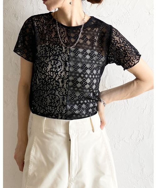 She's Closet（シーズクローゼット）の「半袖 クルーネック パッチワークレーストップス シアーtシャツ（Tシャツ/カットソー・レディース・アイボリー/ブラック・FREE）」の4枚目の写真