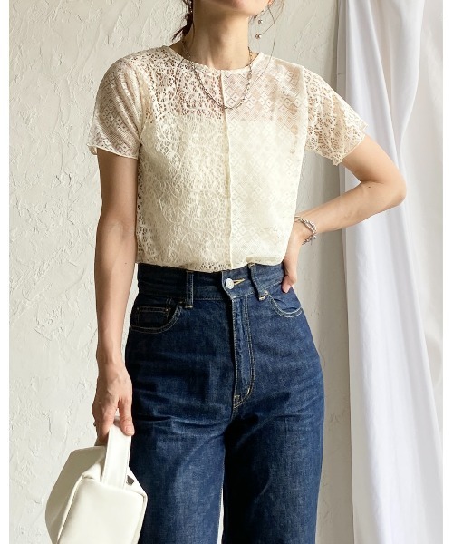 She's Closet（シーズクローゼット）の「半袖 クルーネック パッチワークレーストップス シアーtシャツ（Tシャツ/カットソー・レディース・アイボリー/ブラック・FREE）」の5枚目の写真
