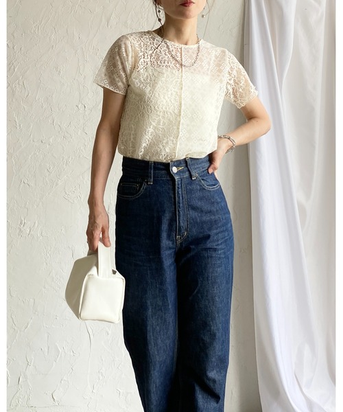 She's Closet（シーズクローゼット）の「半袖 クルーネック パッチワークレーストップス シアーtシャツ（Tシャツ/カットソー・レディース・アイボリー/ブラック・FREE）」の6枚目の写真