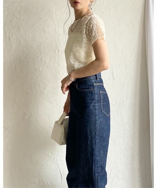 She's Closet（シーズクローゼット）の「半袖 クルーネック パッチワークレーストップス シアーtシャツ（Tシャツ/カットソー・レディース・アイボリー/ブラック・FREE）」の7枚目の写真
