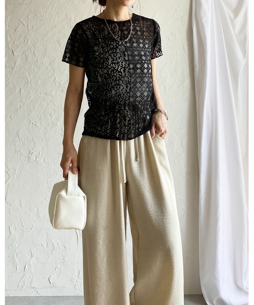 She's Closet（シーズクローゼット）の「半袖 クルーネック パッチワークレーストップス シアーtシャツ（Tシャツ/カットソー・レディース・アイボリー/ブラック・FREE）」の8枚目の写真