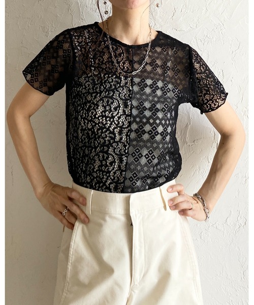 She's Closet（シーズクローゼット）の「半袖 クルーネック パッチワークレーストップス シアーtシャツ（Tシャツ/カットソー・レディース・アイボリー/ブラック・FREE）」の13枚目の写真