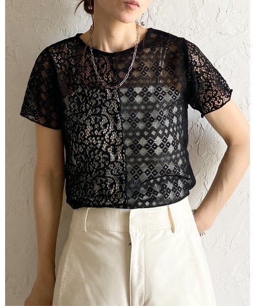 She's Closet（シーズクローゼット）の「半袖 クルーネック パッチワークレーストップス シアーtシャツ（Tシャツ/カットソー・レディース・アイボリー/ブラック・FREE）」の14枚目の写真