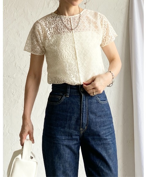 She's Closet（シーズクローゼット）の「半袖 クルーネック パッチワークレーストップス シアーtシャツ（Tシャツ/カットソー・レディース・アイボリー/ブラック・FREE）」の15枚目の写真