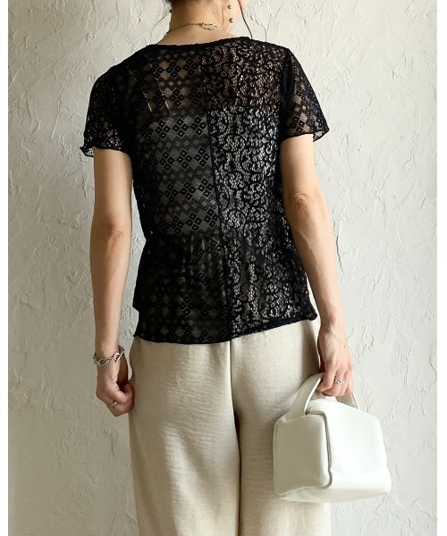 She's Closet（シーズクローゼット）の「半袖 クルーネック パッチワークレーストップス シアーtシャツ（Tシャツ/カットソー・レディース・アイボリー/ブラック・FREE）」の17枚目の写真