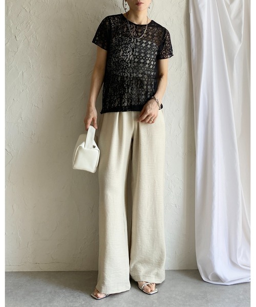 She's Closet（シーズクローゼット）の「半袖 クルーネック パッチワークレーストップス シアーtシャツ（Tシャツ/カットソー・レディース・アイボリー/ブラック・FREE）」の18枚目の写真