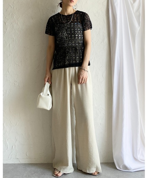 She's Closet（シーズクローゼット）の「半袖 クルーネック パッチワークレーストップス シアーtシャツ（Tシャツ/カットソー・レディース・アイボリー/ブラック・FREE）」の19枚目の写真