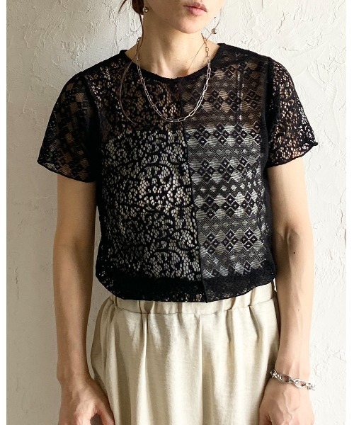 She's Closet（シーズクローゼット）の「半袖 クルーネック パッチワークレーストップス シアーtシャツ（Tシャツ/カットソー・レディース・アイボリー/ブラック・FREE）」の22枚目の写真