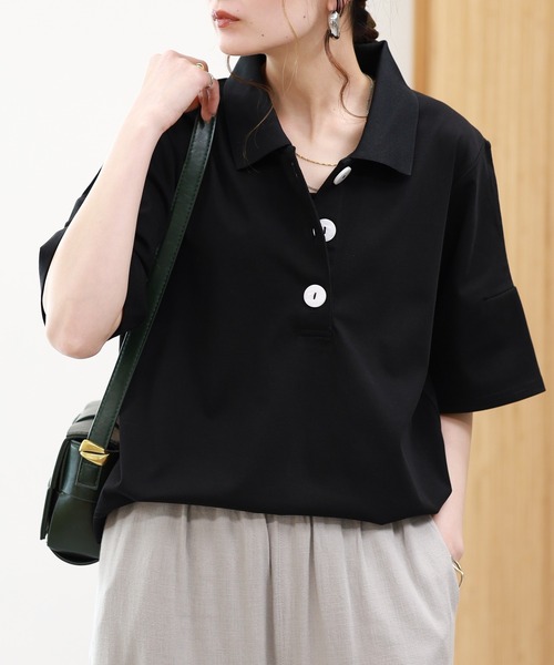 EGLANTINE（エグランティーヌ）の「EGLANTINE 接触冷感 ビッグボタンポロカットソー 半袖（Tシャツ/カットソー・レディース・ブラウン/レッド/ブラック・38）」の5枚目の写真