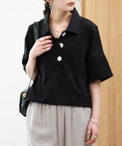 EGLANTINE（エグランティーヌ）の「EGLANTINE 接触冷感 ビッグボタンポロカットソー 半袖（Tシャツ/カットソー・レディース・ブラウン/レッド/ブラック・38）」の7枚目の写真