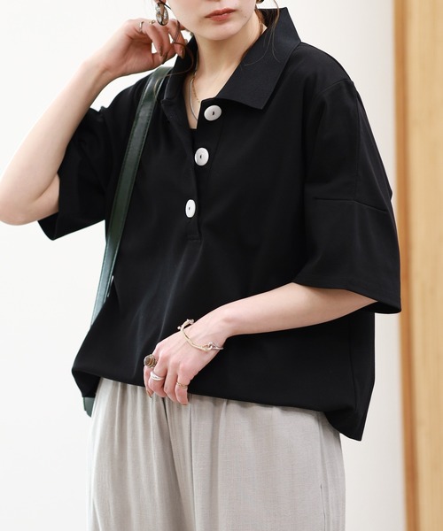 EGLANTINE（エグランティーヌ）の「EGLANTINE 接触冷感 ビッグボタンポロカットソー 半袖（Tシャツ/カットソー・レディース・ブラウン/レッド/ブラック・38）」の8枚目の写真