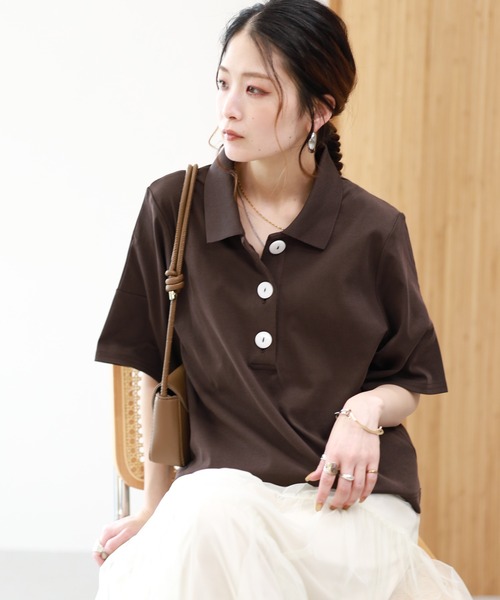 EGLANTINE（エグランティーヌ）の「EGLANTINE 接触冷感 ビッグボタンポロカットソー 半袖（Tシャツ/カットソー・レディース・ブラウン/レッド/ブラック・38）」の11枚目の写真