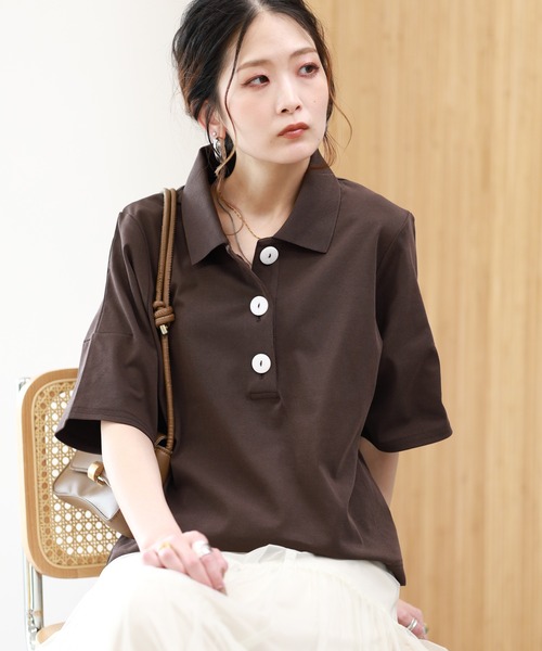 EGLANTINE（エグランティーヌ）の「EGLANTINE 接触冷感 ビッグボタンポロカットソー 半袖（Tシャツ/カットソー・レディース・ブラウン/レッド/ブラック・38）」の12枚目の写真