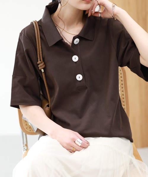 EGLANTINE（エグランティーヌ）の「EGLANTINE 接触冷感 ビッグボタンポロカットソー 半袖（Tシャツ/カットソー・レディース・ブラウン/レッド/ブラック・38）」の13枚目の写真
