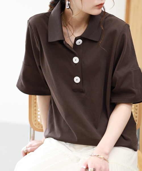 EGLANTINE（エグランティーヌ）の「EGLANTINE 接触冷感 ビッグボタンポロカットソー 半袖（Tシャツ/カットソー・レディース・ブラウン/レッド/ブラック・38）」の15枚目の写真