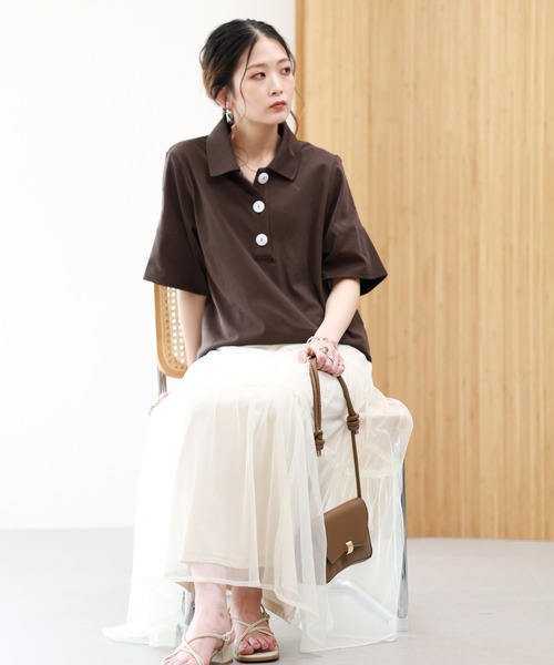 EGLANTINE（エグランティーヌ）の「EGLANTINE 接触冷感 ビッグボタンポロカットソー 半袖（Tシャツ/カットソー・レディース・ブラウン/レッド/ブラック・38）」の16枚目の写真