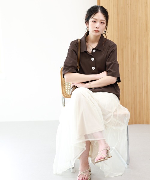 EGLANTINE（エグランティーヌ）の「EGLANTINE 接触冷感 ビッグボタンポロカットソー 半袖（Tシャツ/カットソー・レディース・ブラウン/レッド/ブラック・38）」の17枚目の写真