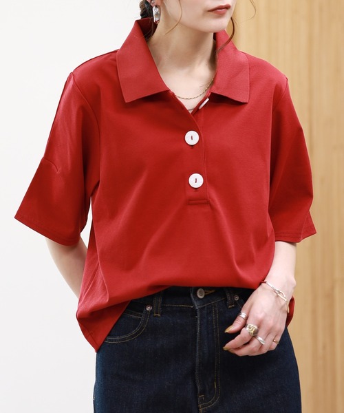 EGLANTINE（エグランティーヌ）の「EGLANTINE 接触冷感 ビッグボタンポロカットソー 半袖（Tシャツ/カットソー・レディース・ブラウン/レッド/ブラック・38）」の18枚目の写真