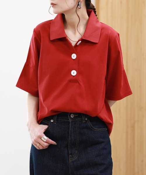 EGLANTINE（エグランティーヌ）の「EGLANTINE 接触冷感 ビッグボタンポロカットソー 半袖（Tシャツ/カットソー・レディース・ブラウン/レッド/ブラック・38）」の19枚目の写真