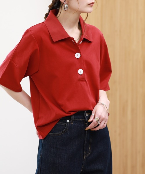 EGLANTINE（エグランティーヌ）の「EGLANTINE 接触冷感 ビッグボタンポロカットソー 半袖（Tシャツ/カットソー・レディース・ブラウン/レッド/ブラック・38）」の20枚目の写真