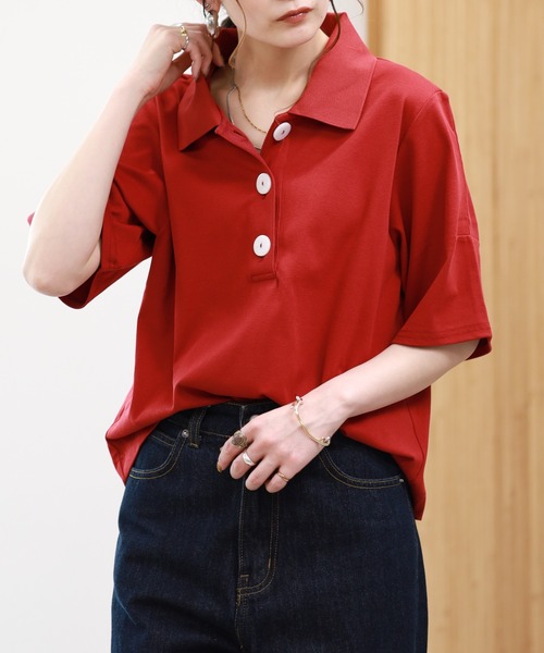 EGLANTINE（エグランティーヌ）の「EGLANTINE 接触冷感 ビッグボタンポロカットソー 半袖（Tシャツ/カットソー・レディース・ブラウン/レッド/ブラック・38）」の21枚目の写真