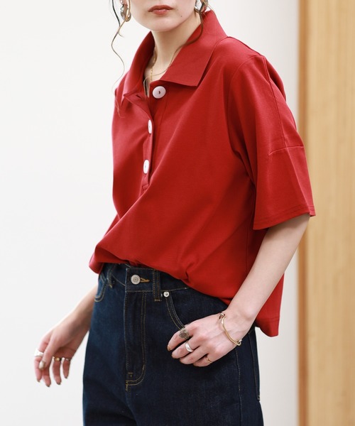 EGLANTINE（エグランティーヌ）の「EGLANTINE 接触冷感 ビッグボタンポロカットソー 半袖（Tシャツ/カットソー・レディース・ブラウン/レッド/ブラック・38）」の22枚目の写真