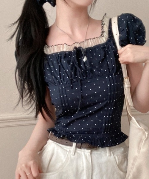 ドット柄フリル付きパフスリーブシャツ セール】【ヘアシュシュ付き2点セット】夏に着たい綿麻90％ブラウス
