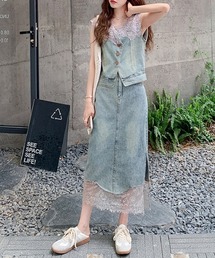 デニムノースリーブトップススカートセットアップ