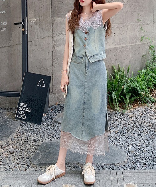 FAVORITO(ファヴォリート)の「デニムノースリーブトップススカートセットアップ(セットアップ・レディース・ブルー・L/M/S)」の1枚目の写真