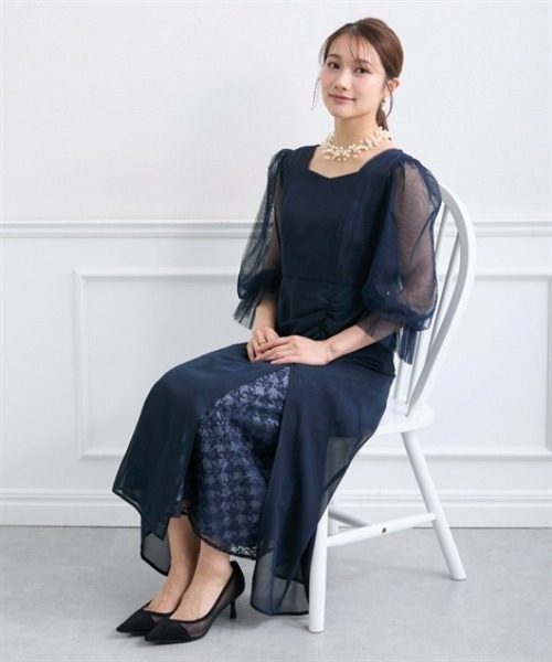 Jolie et Jolie(ジョリーエジョリー)の「レースレイヤードデザインシフォンワンピースドレス<大きいサイズ>(ドレス・レディース・ネイビー/ブルーグレー・3L/LL/5L/4L/L/M)」の22枚目の写真