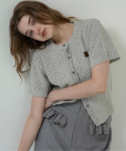 openwork accent patch half sleeve knit / オープンワークアクセント