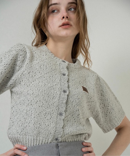 openwork accent patch half sleeve knit / オープンワークアクセント