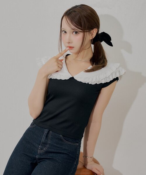 Chico(チコ)の「レースデザインビックカラーT(Tシャツ/カットソー・レディース・ブルー/アイボリー/ブラック/グレー・FREE)」の1枚目の写真