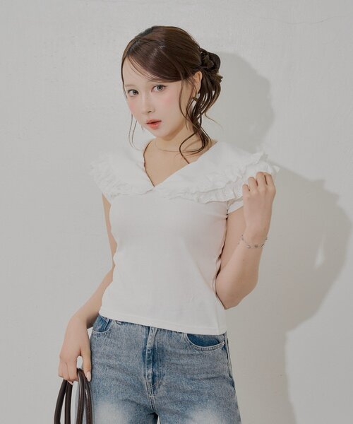 Chico(チコ)の「レースデザインビックカラーT(Tシャツ/カットソー・レディース・ブルー/アイボリー/ブラック/グレー・FREE)」の5枚目の写真