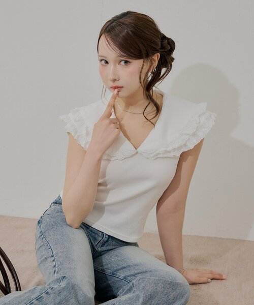 Chico(チコ)の「レースデザインビックカラーT(Tシャツ/カットソー・レディース・ブルー/アイボリー/ブラック/グレー・FREE)」の6枚目の写真