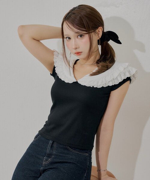 Chico(チコ)の「レースデザインビックカラーT(Tシャツ/カットソー・レディース・ブルー/アイボリー/ブラック/グレー・FREE)」の11枚目の写真